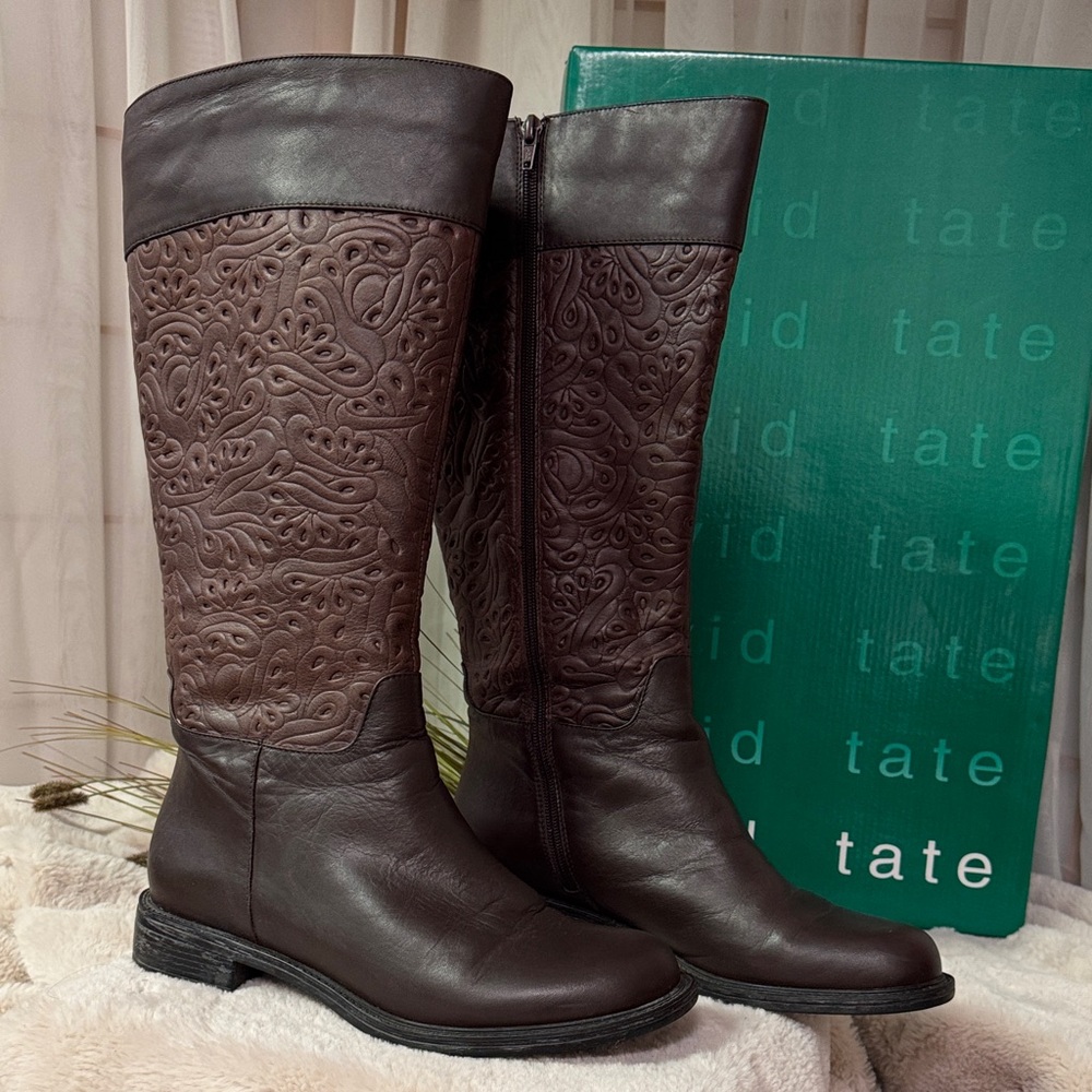 David Tate Bronco Dark Brown Embossed Wide Calf Boots
